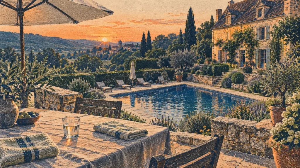 Location gite perigord noir avec piscine : terrasse en pierre et piscine privée