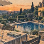 Location gite perigord noir avec piscine : terrasse en pierre et piscine privée