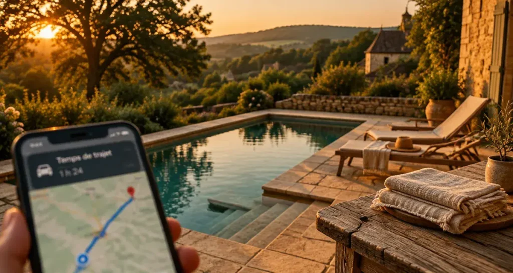 Location maison vacances Périgord noir avec piscine : vue terrasse, bassin et écran temps de trajet