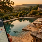 Location maison vacances Périgord noir avec piscine : vue terrasse, bassin et écran temps de trajet