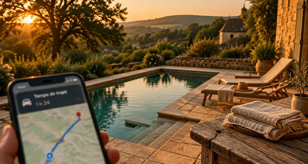Location maison vacances Périgord noir avec piscine : vue terrasse, bassin et écran temps de trajet