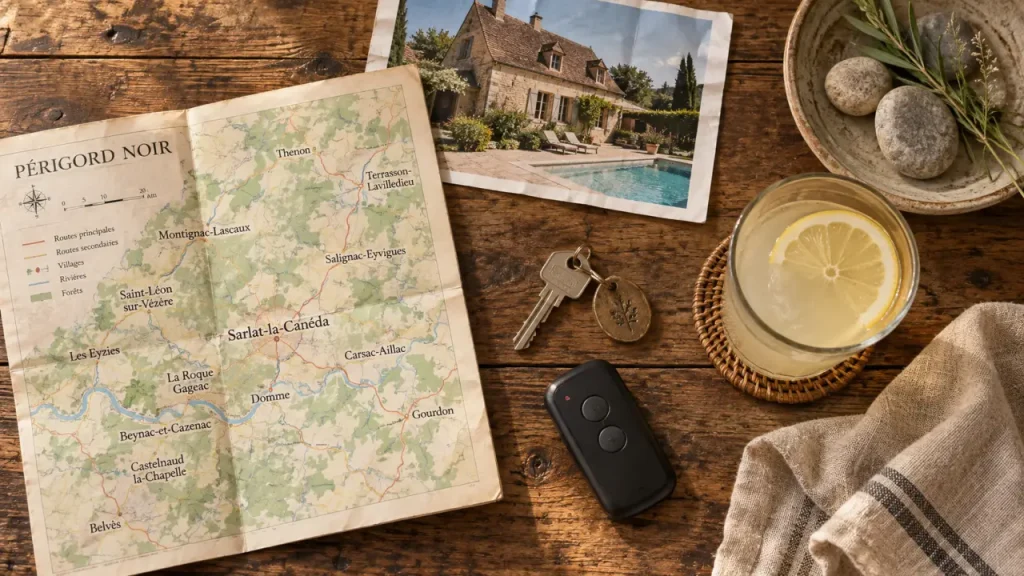 Locations vacances dordogne perigord noir : clé et maison en pierre avec piscine