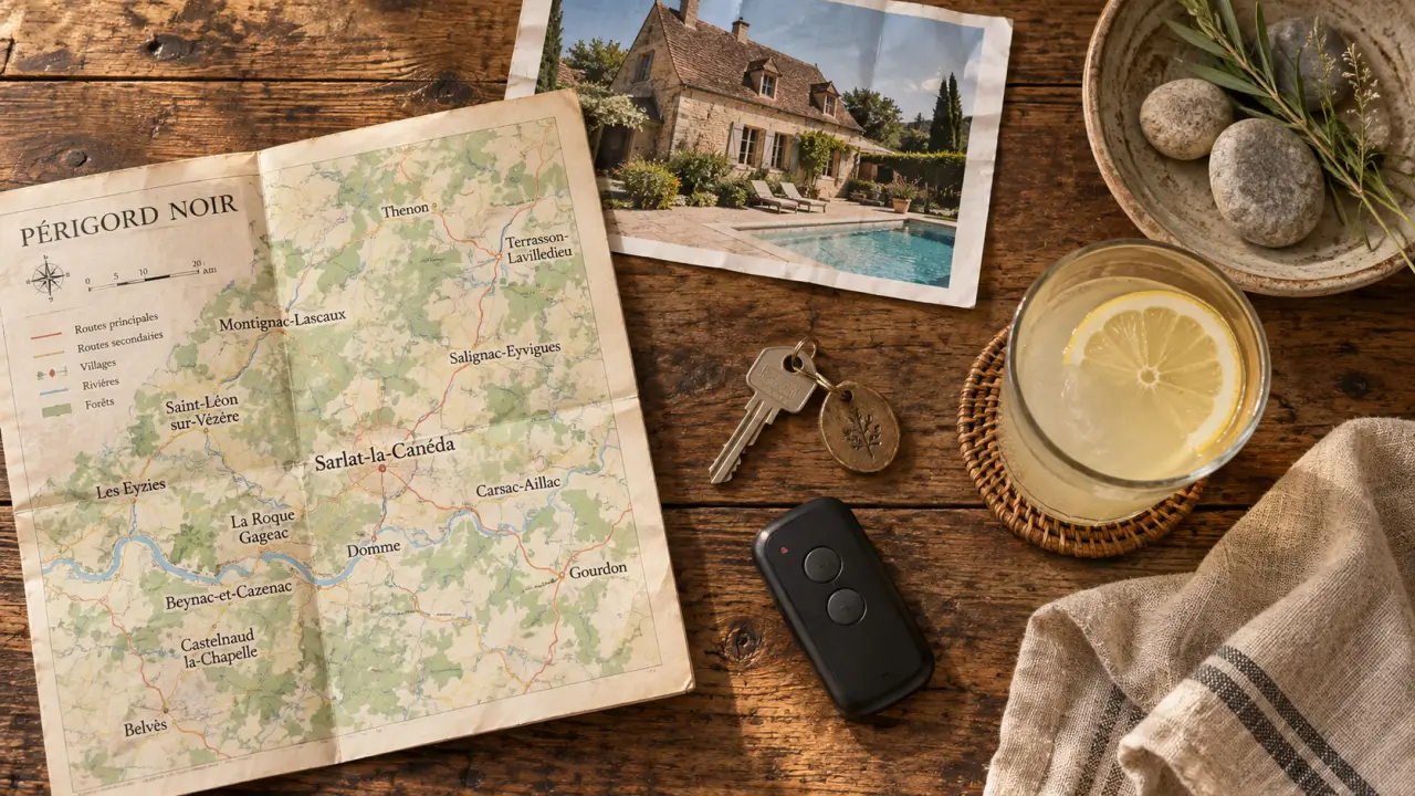 Locations vacances dordogne perigord noir : clé et maison en pierre avec piscine