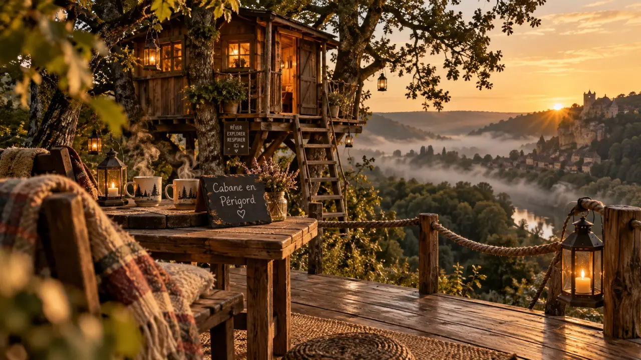 Logement insolite Périgord Noir : cabane dans les chênes, terrasse à Sarlat