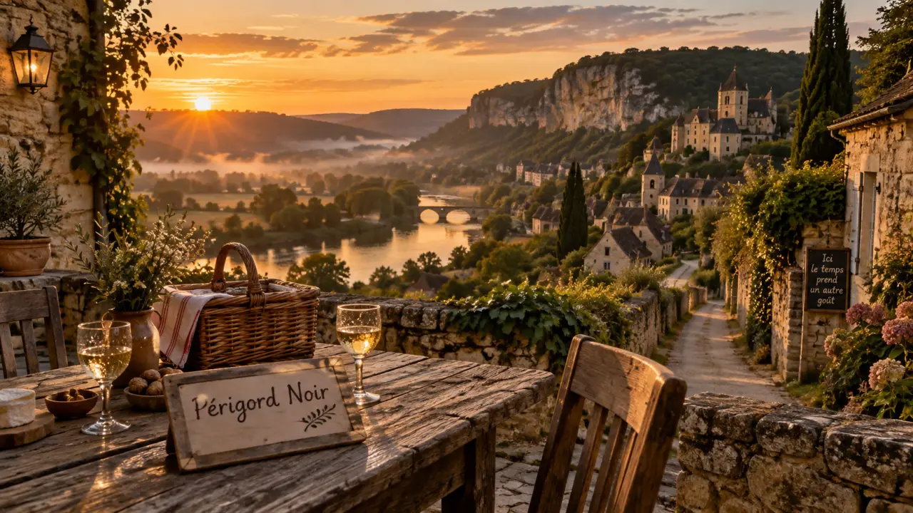 Logement perigord noir à Sarlat, terrasse en pierre et vue Dordogne