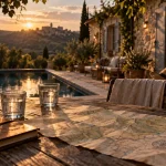 Maison a louer perigord noir : terrasse et piscine en pierre