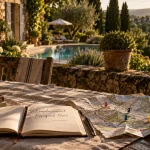 Maison de vacances perigord noir, terrasse en pierre et carte routière vers Sarlat