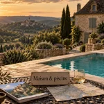 Maison avec piscine perigord noir : bassin turquoise, terrasse en pierre