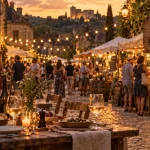 Manifestation perigord noir : marché gourmand en village, tables en bois et stands nocturnes