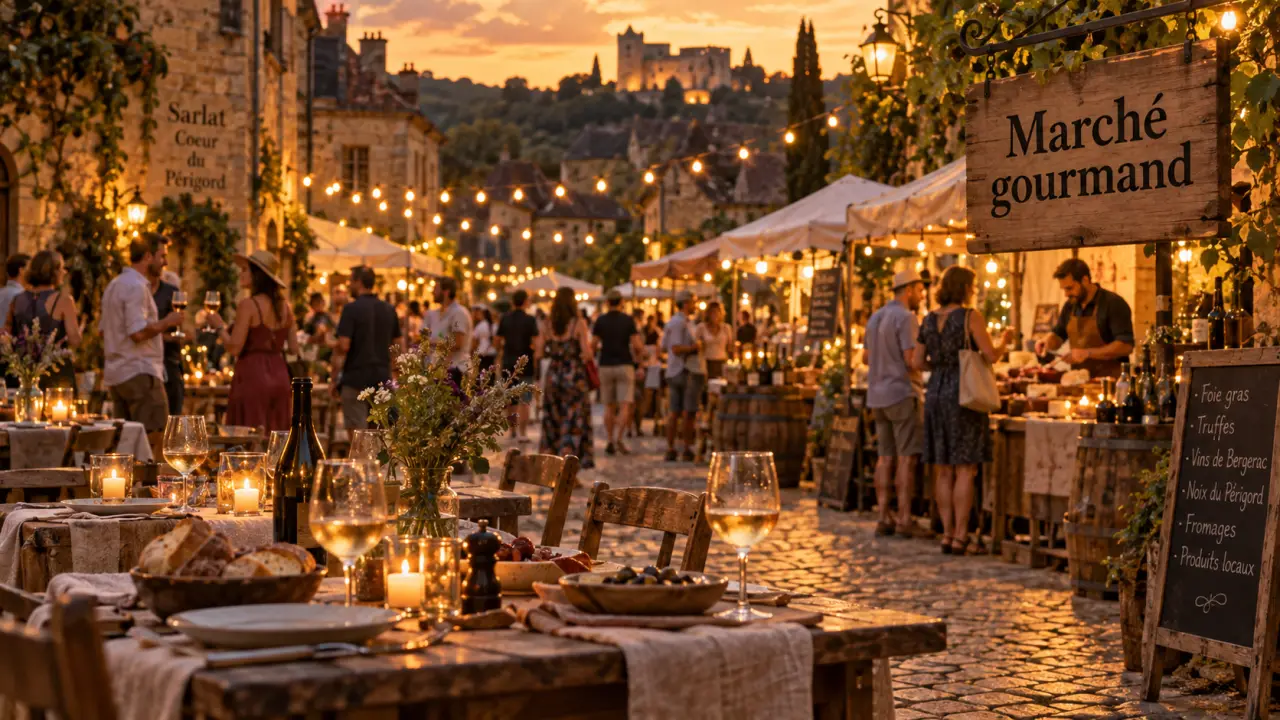 Manifestation perigord noir : marché gourmand en village, tables en bois et stands nocturnes