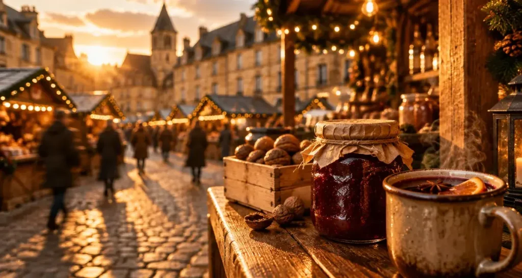 Marché de noel perigord noir à Sarlat : chalets en bois et vin chaud