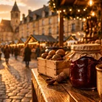 Marché de noel perigord noir à Sarlat : chalets en bois et vin chaud