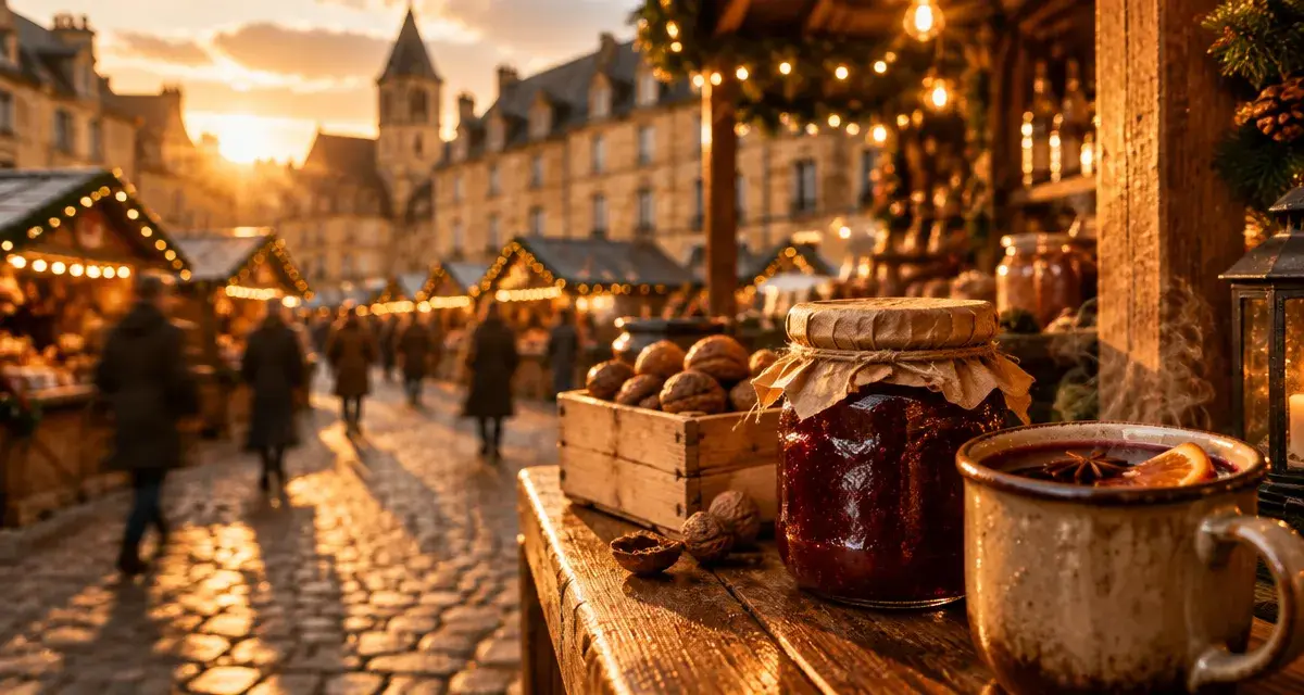 Marché de noel perigord noir à Sarlat : chalets en bois et vin chaud