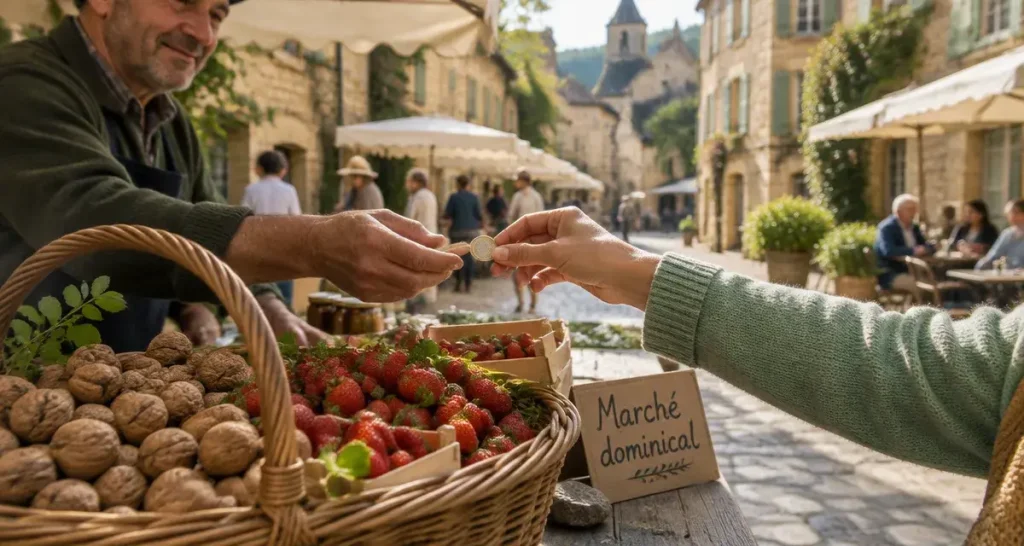 Marche dimanche perigord noir : panier noix et fraises au marché de Saint-Cyprien
