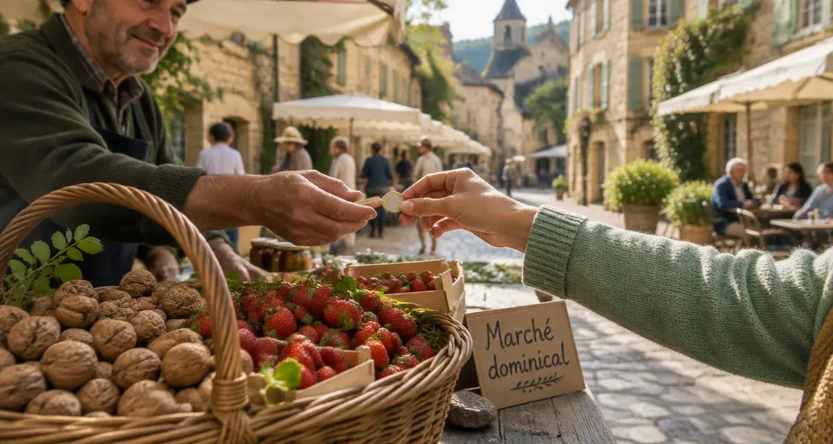 Marche dimanche perigord noir : panier noix et fraises au marché de Saint-Cyprien
