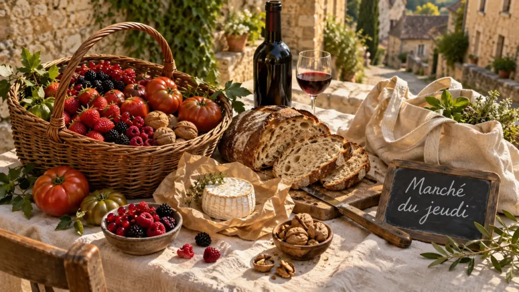 Marché jeudi Périgord Noir : Domme et Terrasson, fruits, pain et vin