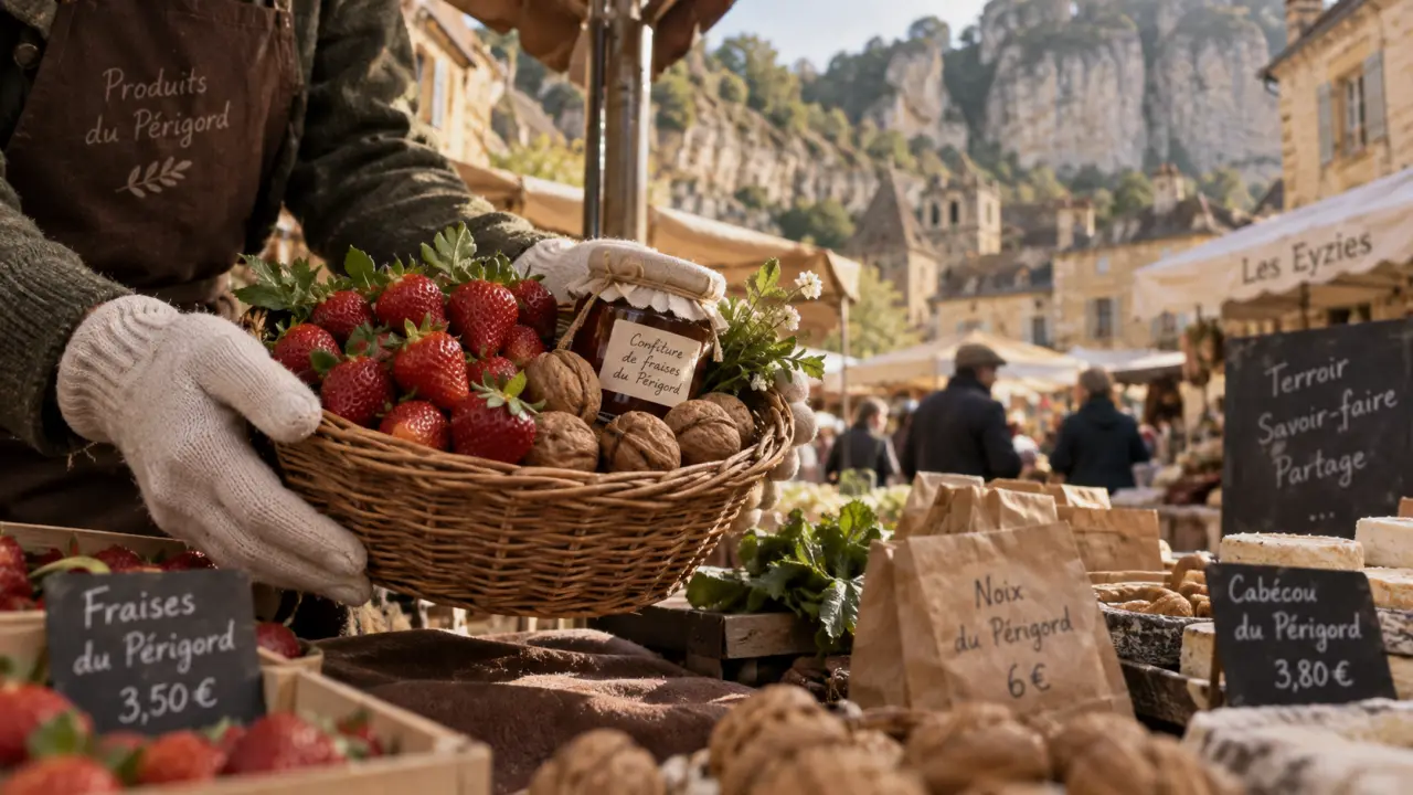 Marche lundi perigord noir aux Eyzies : étals et fruits au marché