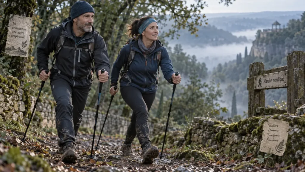 Marche nordique perigord noir : couple sur sentier avec bâtons