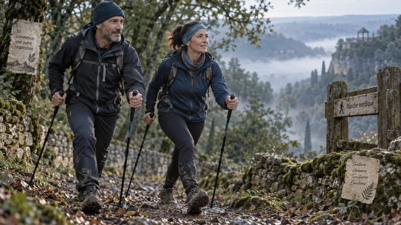 Marche nordique perigord noir : couple sur sentier avec bâtons