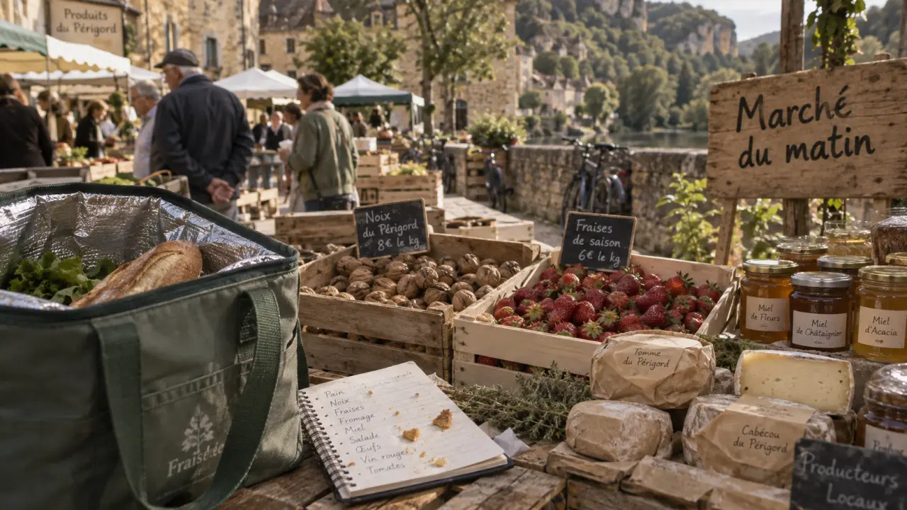 marche perigord noir vendredi : étals du marché du matin au Buisson et La Roque-Gageac