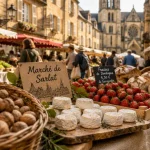Marché samedi Périgord noir à Sarlat : noix, cabécou et fraises sur étals