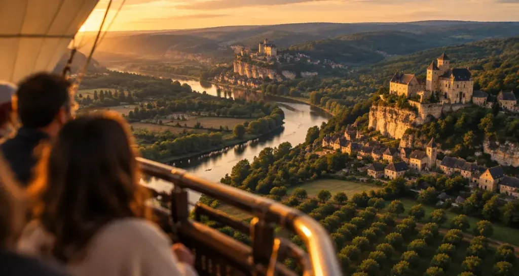 Montgolfière perigord noir sur la vallée de la Dordogne au coucher du soleil