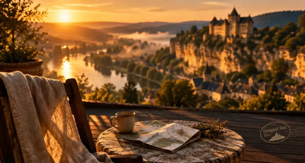 Où dormir dans le Périgord Noir : terrasse avec vue vallée de la Dordogne à Sarlat