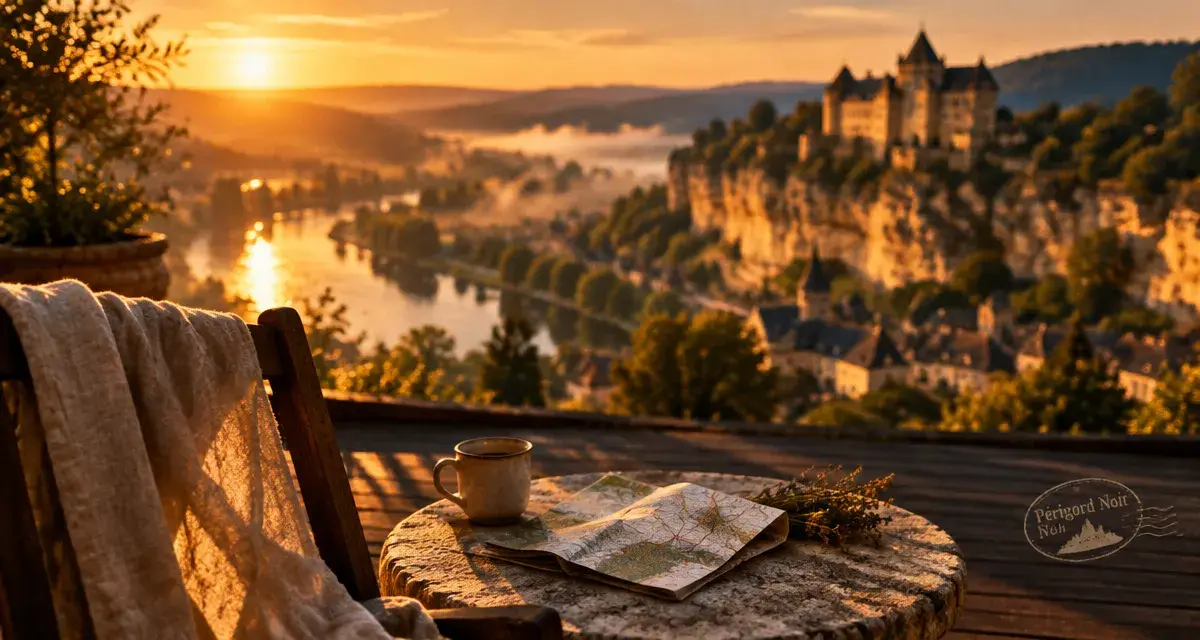 Où dormir dans le Périgord Noir : terrasse avec vue vallée de la Dordogne à Sarlat