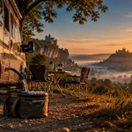 Perigord noir en camping car : camping-car près d’une route au coucher du soleil