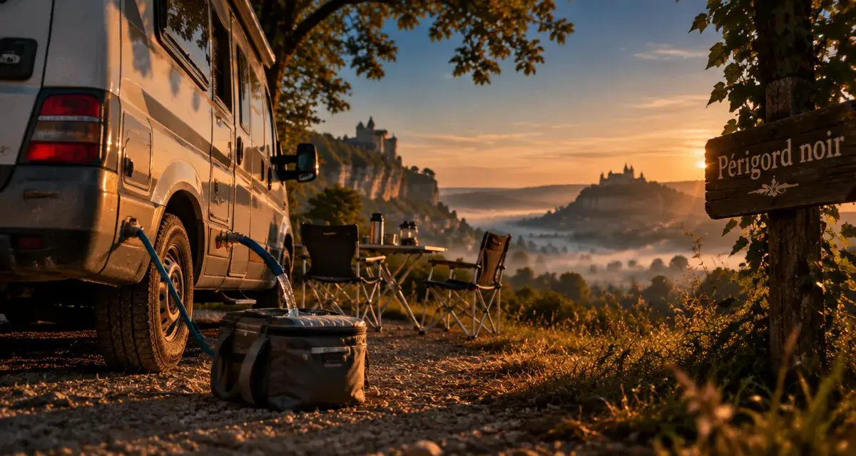 Perigord noir en camping car : camping-car près d’une route au coucher du soleil