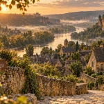 Perigord noir que ver : village au bord de la Dordogne, ruelles et brume