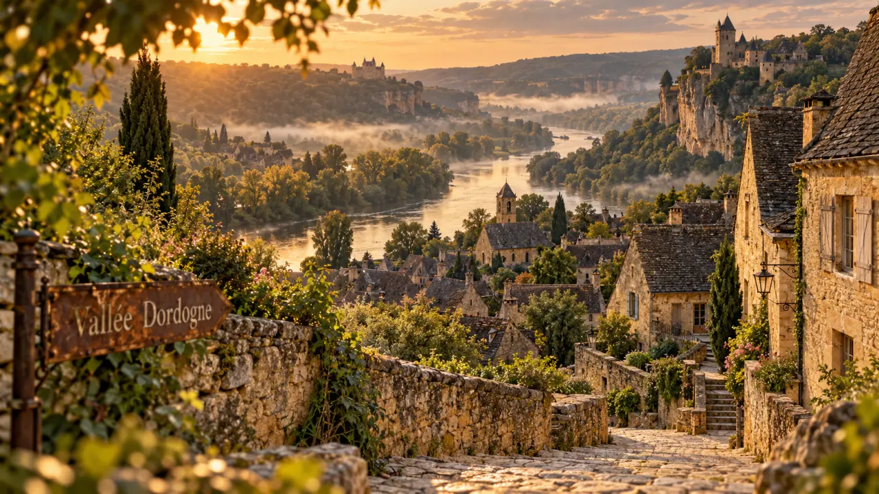 Perigord noir que ver : village au bord de la Dordogne, ruelles et brume