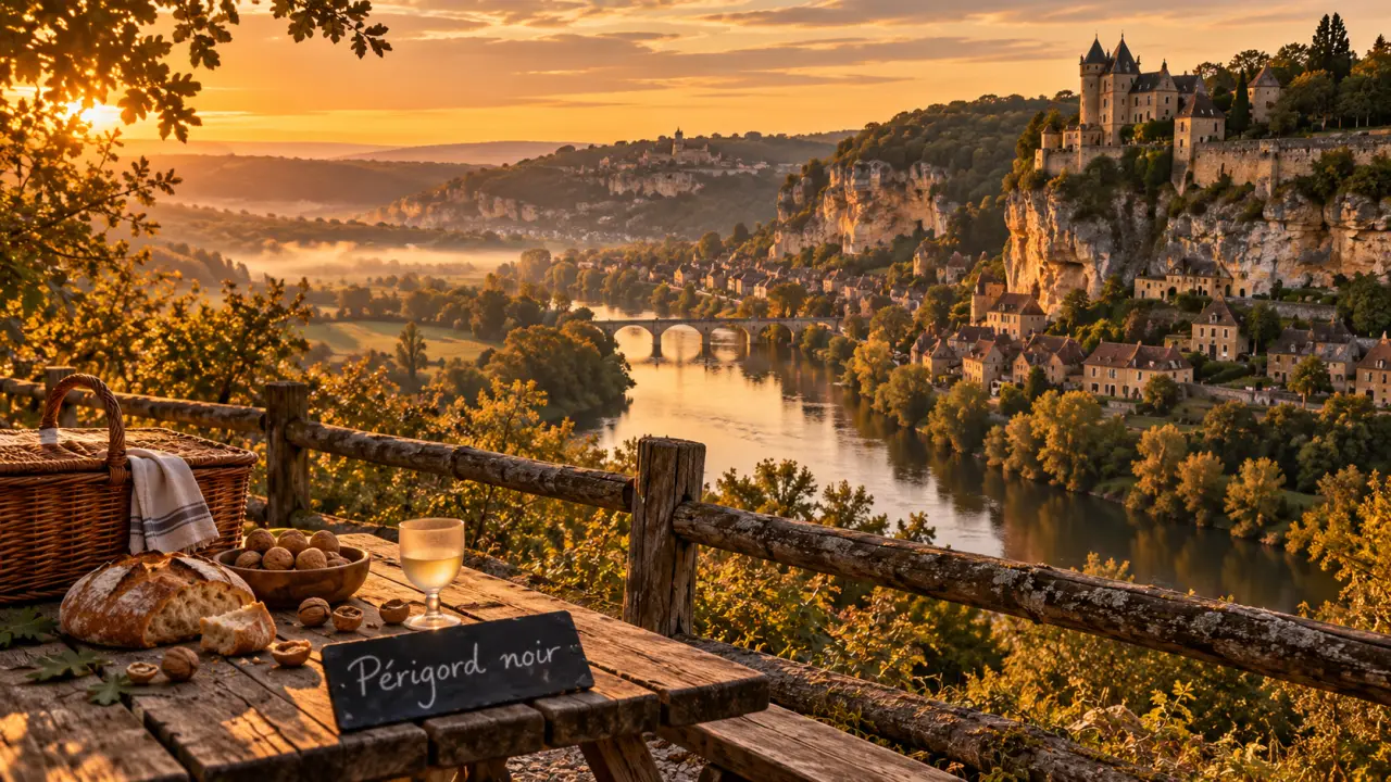 Panorama du perigord noir region à la golden hour sur la Dordogne