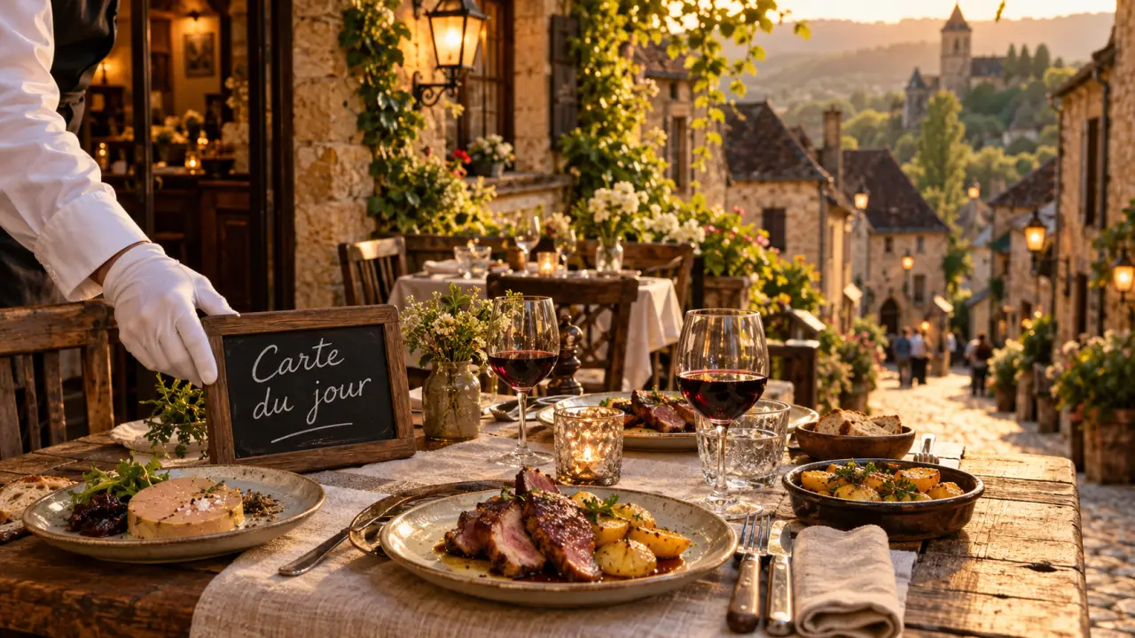 perigord noir restaurants : auberge locale, terrasse et assiettes périgourdines