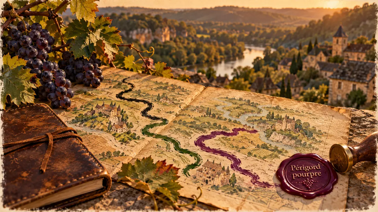 Carte du perigord noir vert pourpre, routes, vallées et vignobles