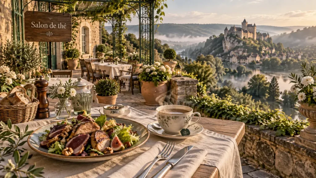 Terrasse panorama du restaurant et salon de thé des jardins de marqueyssac, salade et thé