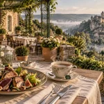 Terrasse panorama du restaurant et salon de thé des jardins de marqueyssac, salade et thé