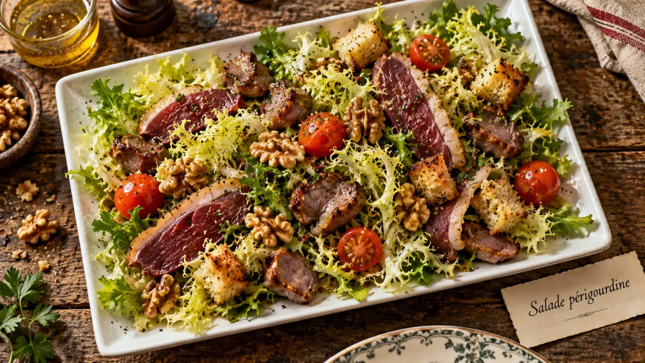 Salade périgourdine traditionnelle : gésiers tièdes et frisée aux noix